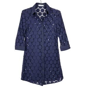Anne Fontaine Eyelet Mini Button Down Shirt‎ Dress Navy EU 36 Chic Preppy
